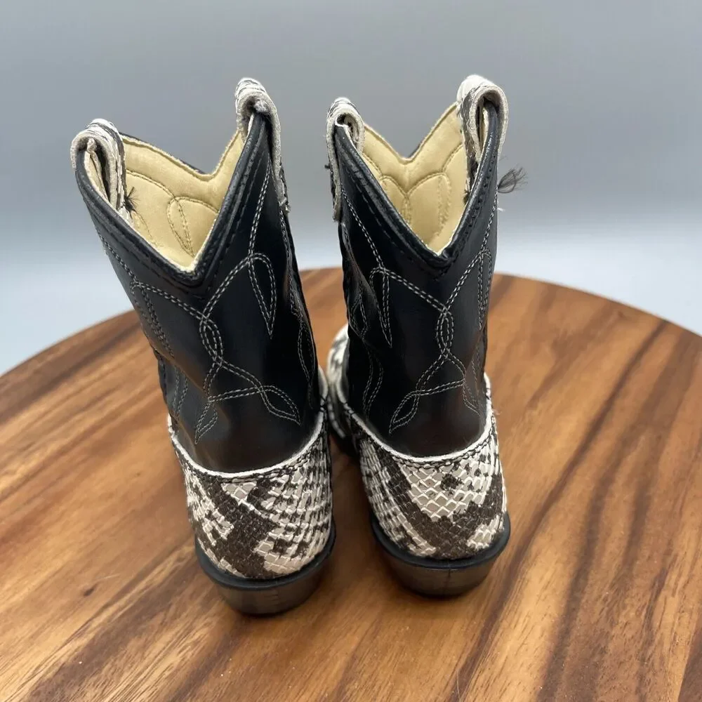 Kids Black and White Western Snake-Print Boots